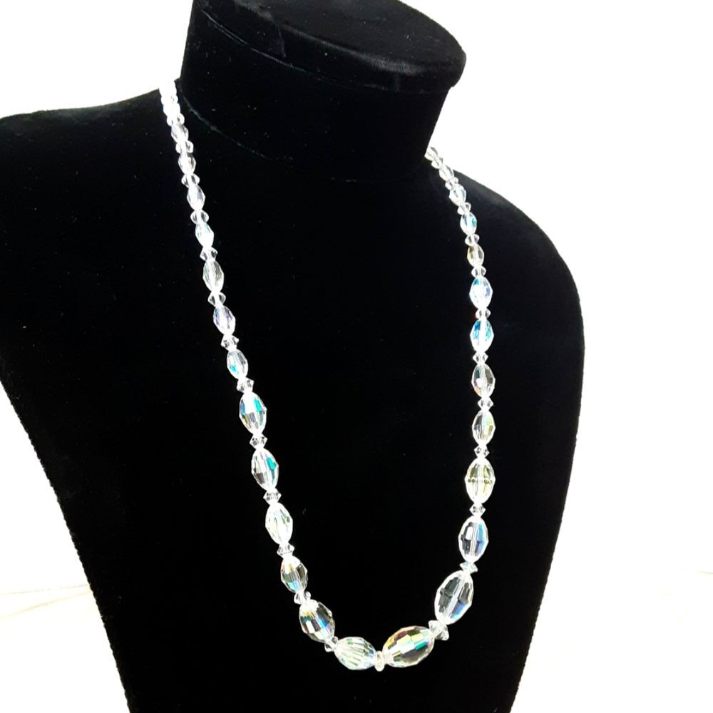 Art Deco Graduating AB Oval Faceted Crystal Silver Barrel Clasp Necklace 24"